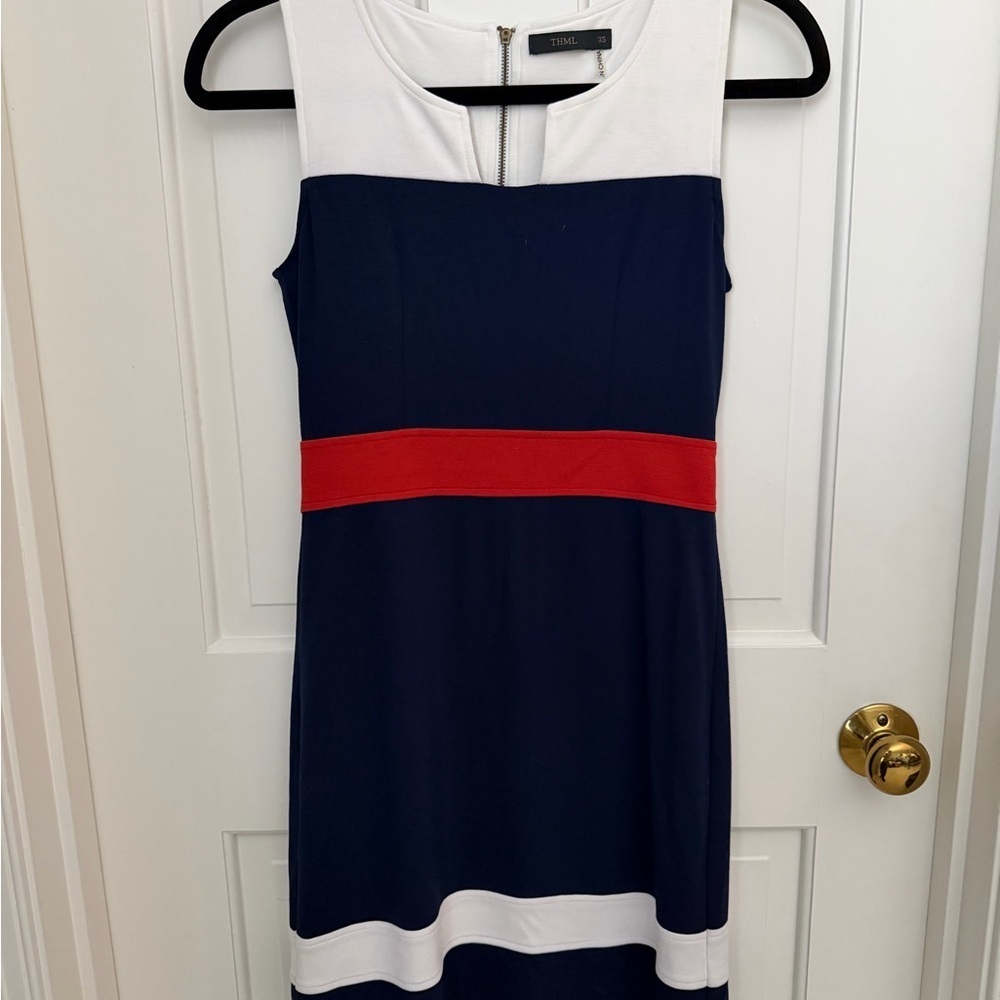 THML Navy and White Midi Dress with Red Band